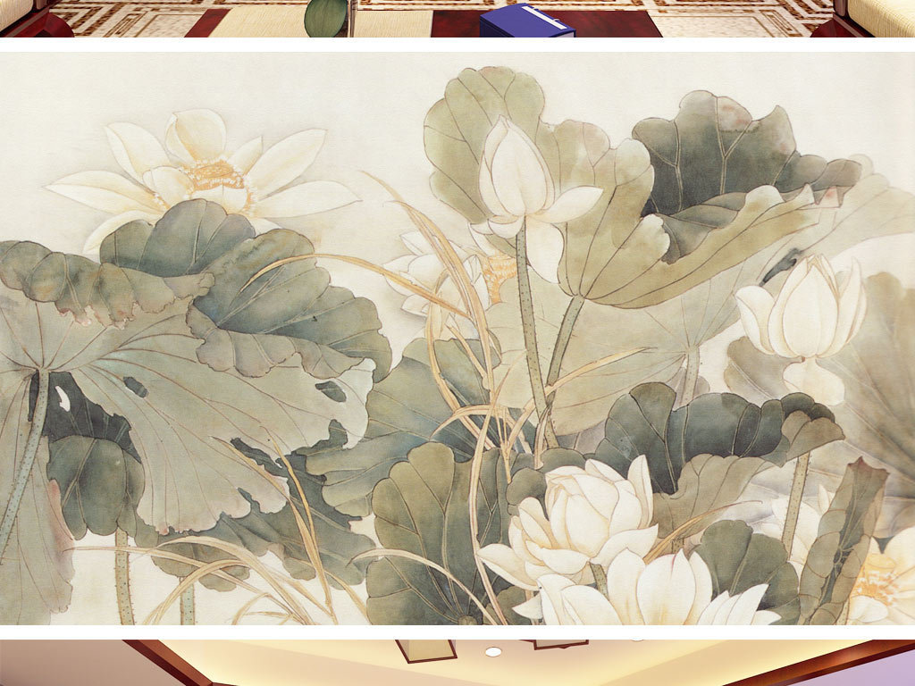 水墨荷花中式背景墙壁画
