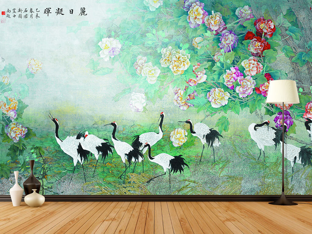 古风水墨鹤牡丹花中式背景墙壁画