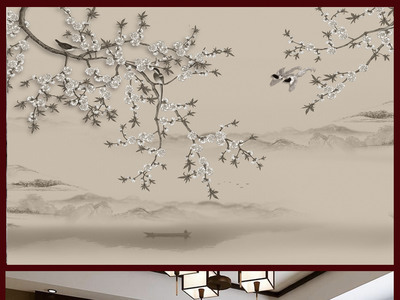 新中式山水花鸟3D壁画 传统艺术与现代科技的完美融合