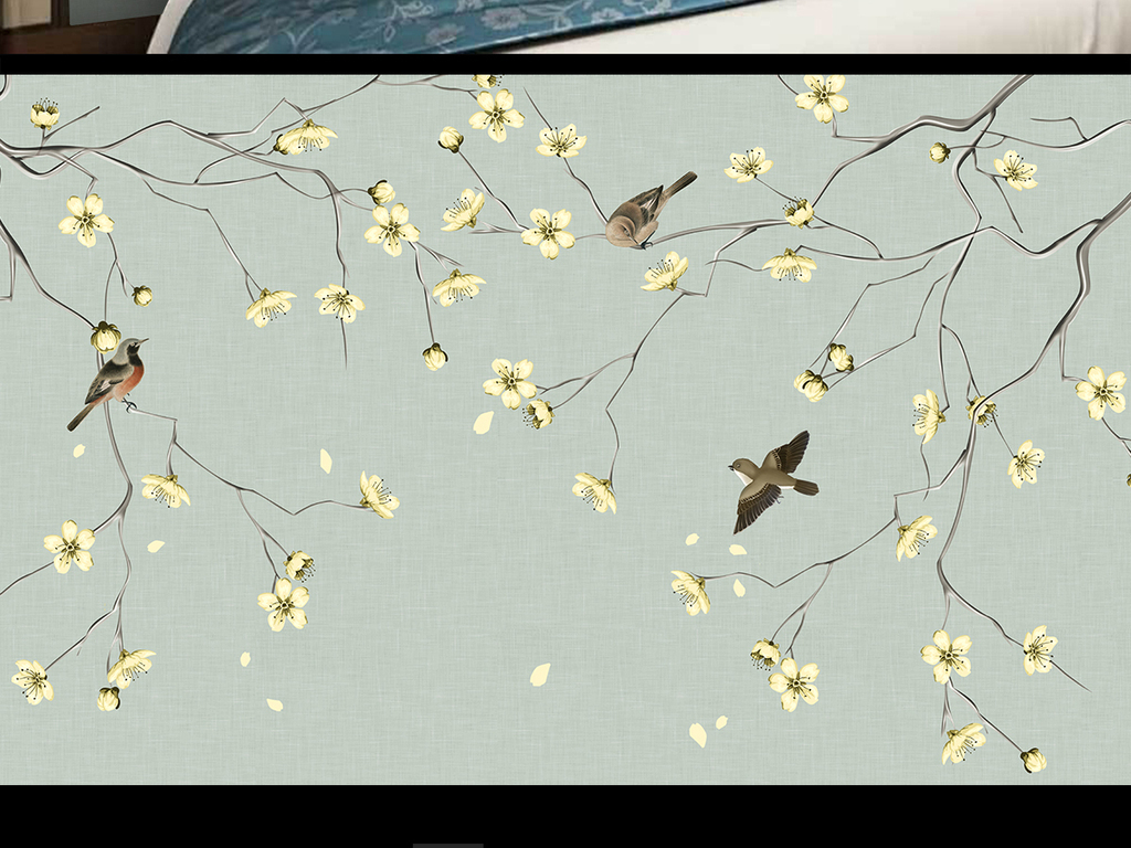 现代简约风韵 梨花手绘工笔花鸟新中式背景墙的艺术解读